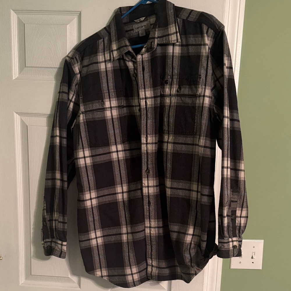 Carhartt Men's Black and Gray Plaid Button-Down Shirt
